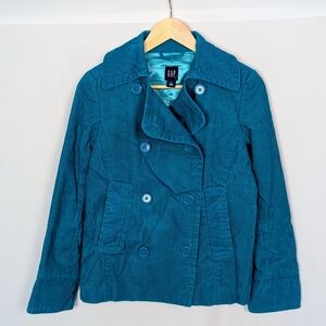 Y2K Vintage Gap S Blue Aquamarine Turquoise Teal Corduroy Pea Coat Lined Jacket